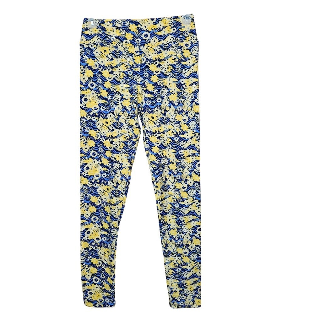 LulaRoe XS Blue Yellow Floral Print Buttery Soft Leggings One Size EUC